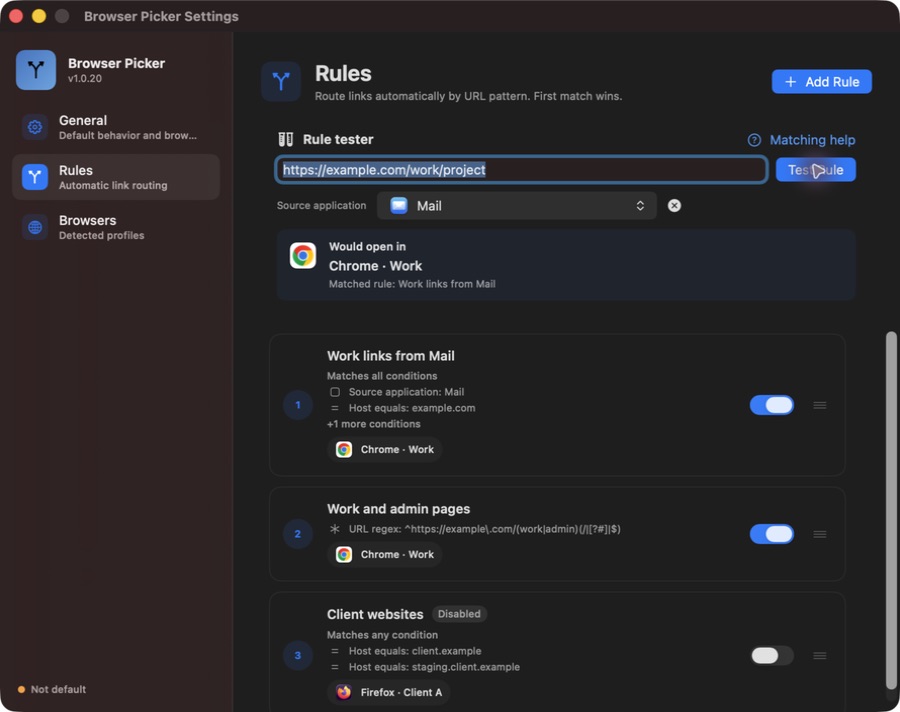 Rule tester showing that a link from Mail would open in Chrome Work, above a list of routing rules.